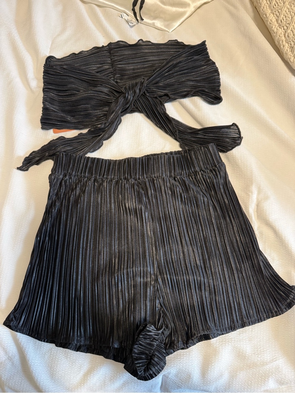 Black Pleated Two-Piece Crop Top and Shorts Set - Picture 1 of 2